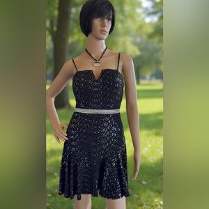 CITY STUDIO Black shiny Mini Flare Dress Sz 3 back zipper great for prom, party
